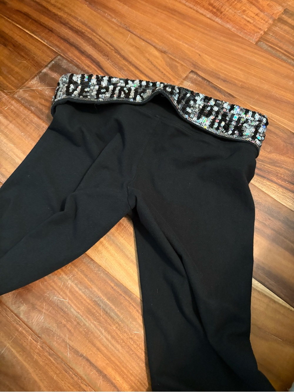 Victoria’s Secret PINK Yoga Fold Over Sequin Leggings Black Y2K Size S (1215) - Picture 7 of 8